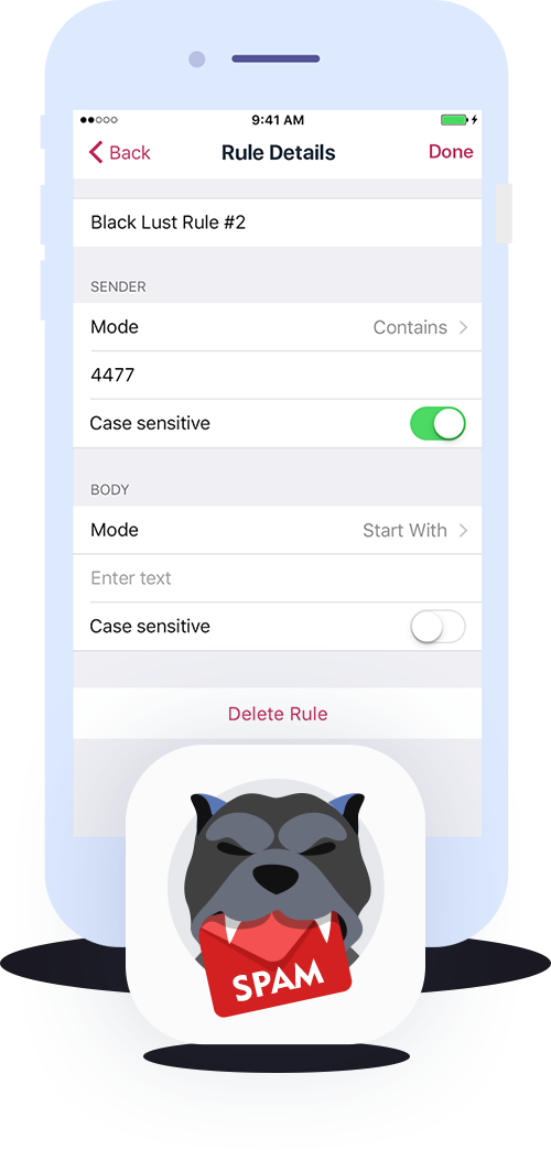 iPhone messages blocker SpamHound - rule details